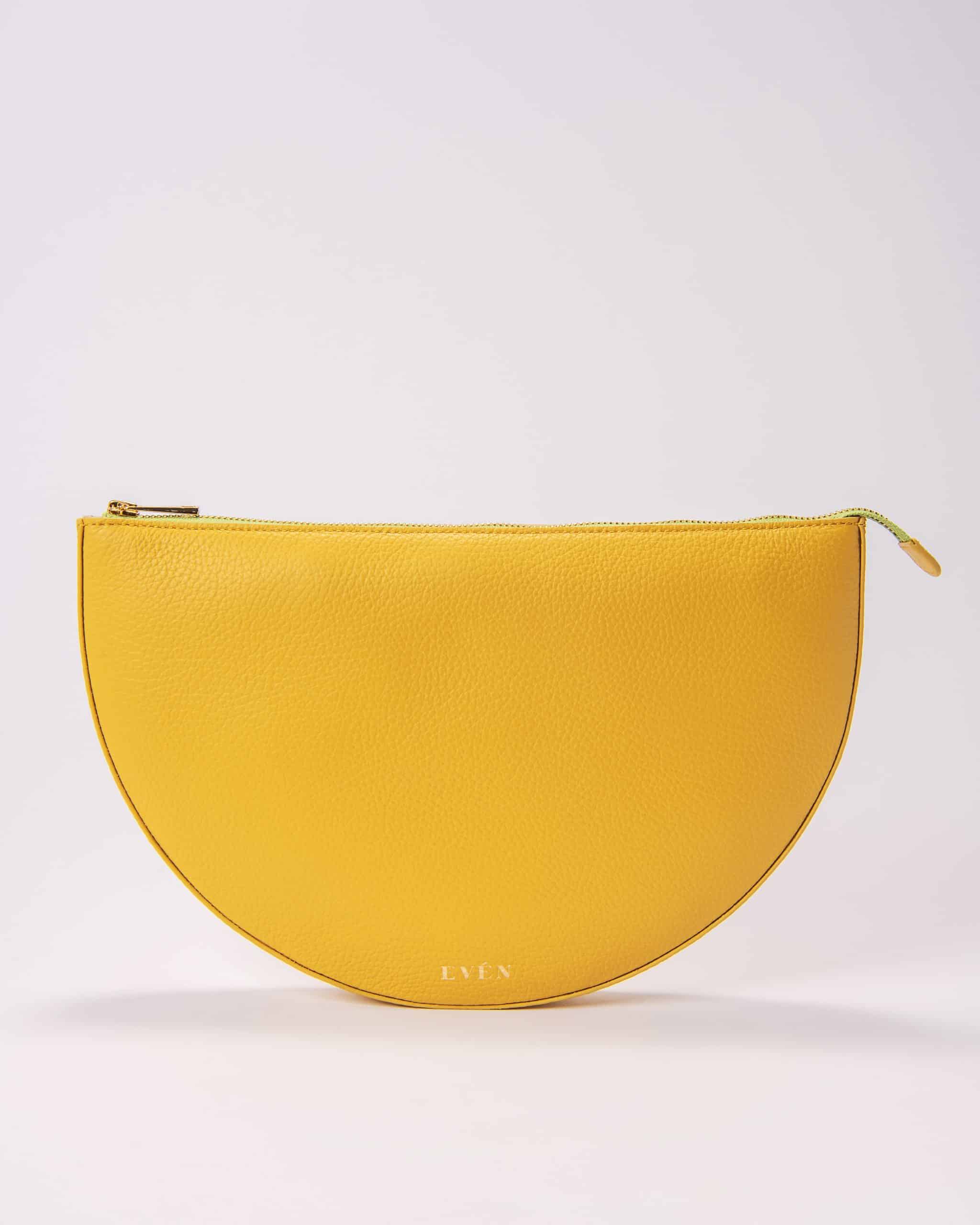 A yellow LEYZA clutch with gold hardware, displayed against a neutral background.