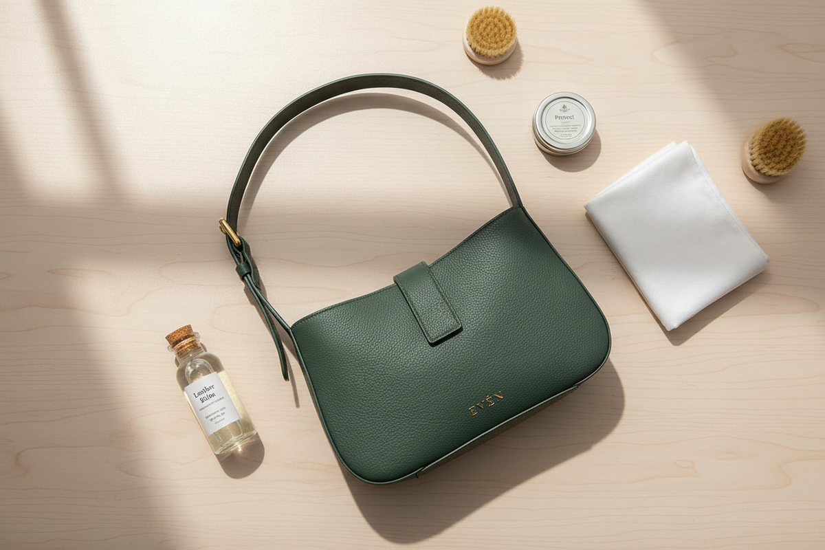 Lifestyle pic of a leather shoulder bag placed on neutral background