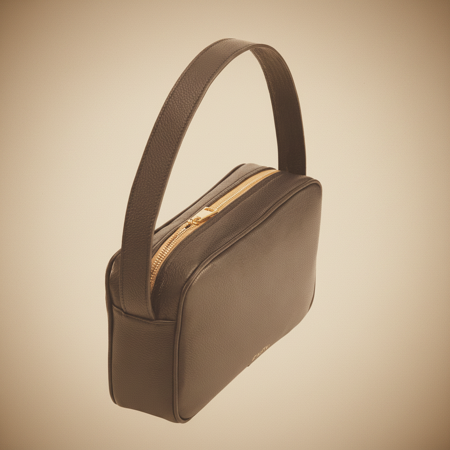 Rhea camera bag in navy color leather with gold tone zipper