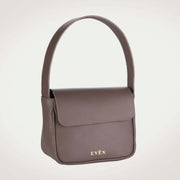 A brown leather mini handbag with a sleek and minimalist design, featuring a small brand logo.