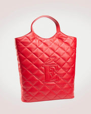 Anne red lambskin shopper tote bag with a quilted design and a prominent logo embossed on the front.