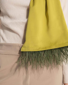 Erida scarf in olive color with ostrich feathers trim.