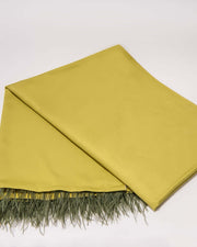A long olive color scarf with ostrich feather fringe displayed on a white background.