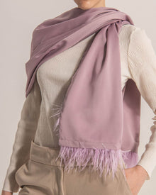 Model wearing erida scarf in pink satin.