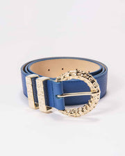 A dark blue leather belt with a gold ornate buckle, displayed against a white background.