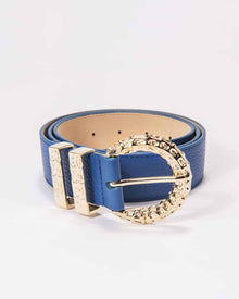 erini belt in dark blue leather with gold tone buckle by even brand 