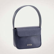 Luisa mini dark blue bag with a sleek and minimalist design, featuring a flap closure and a brand logo embossed on the front.