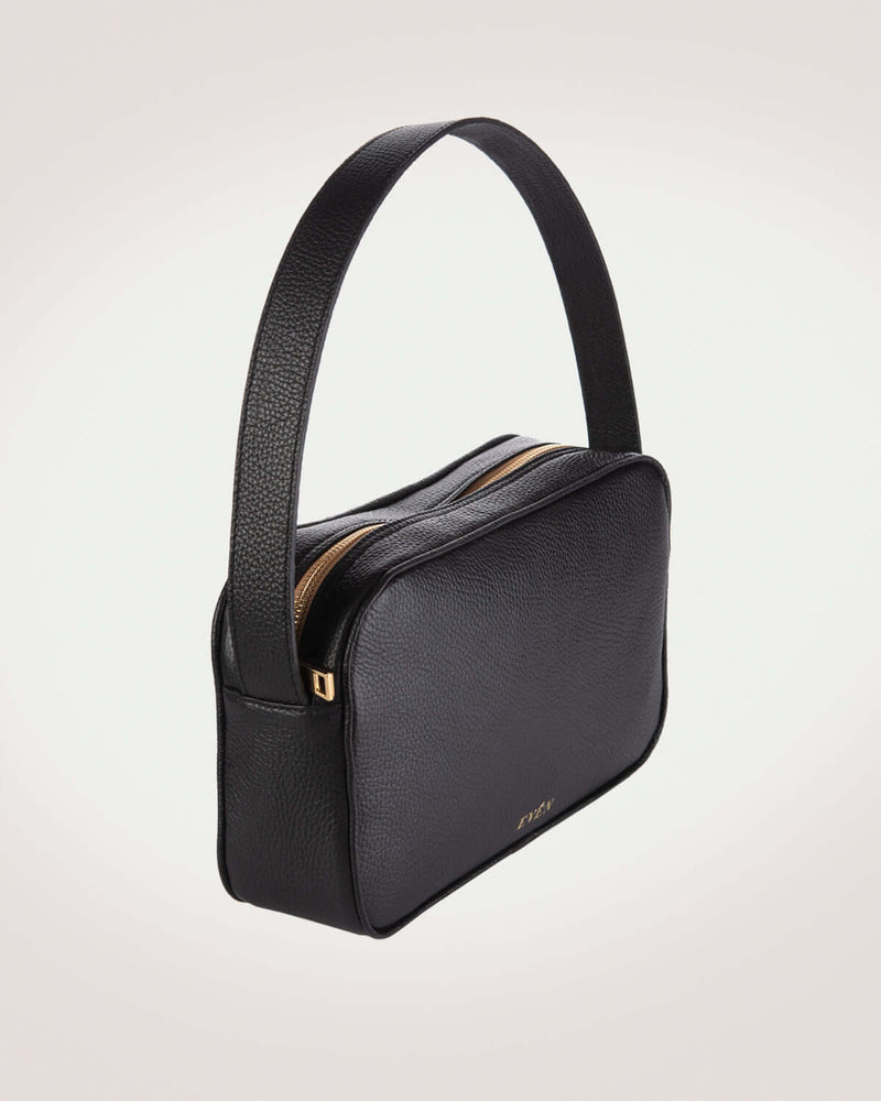 RHEA Messenger Bag in black leather, showcasing sleek design and quality craftsmanship by EVEN brand.