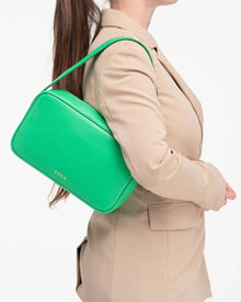 Rhea green leather messenger bag.