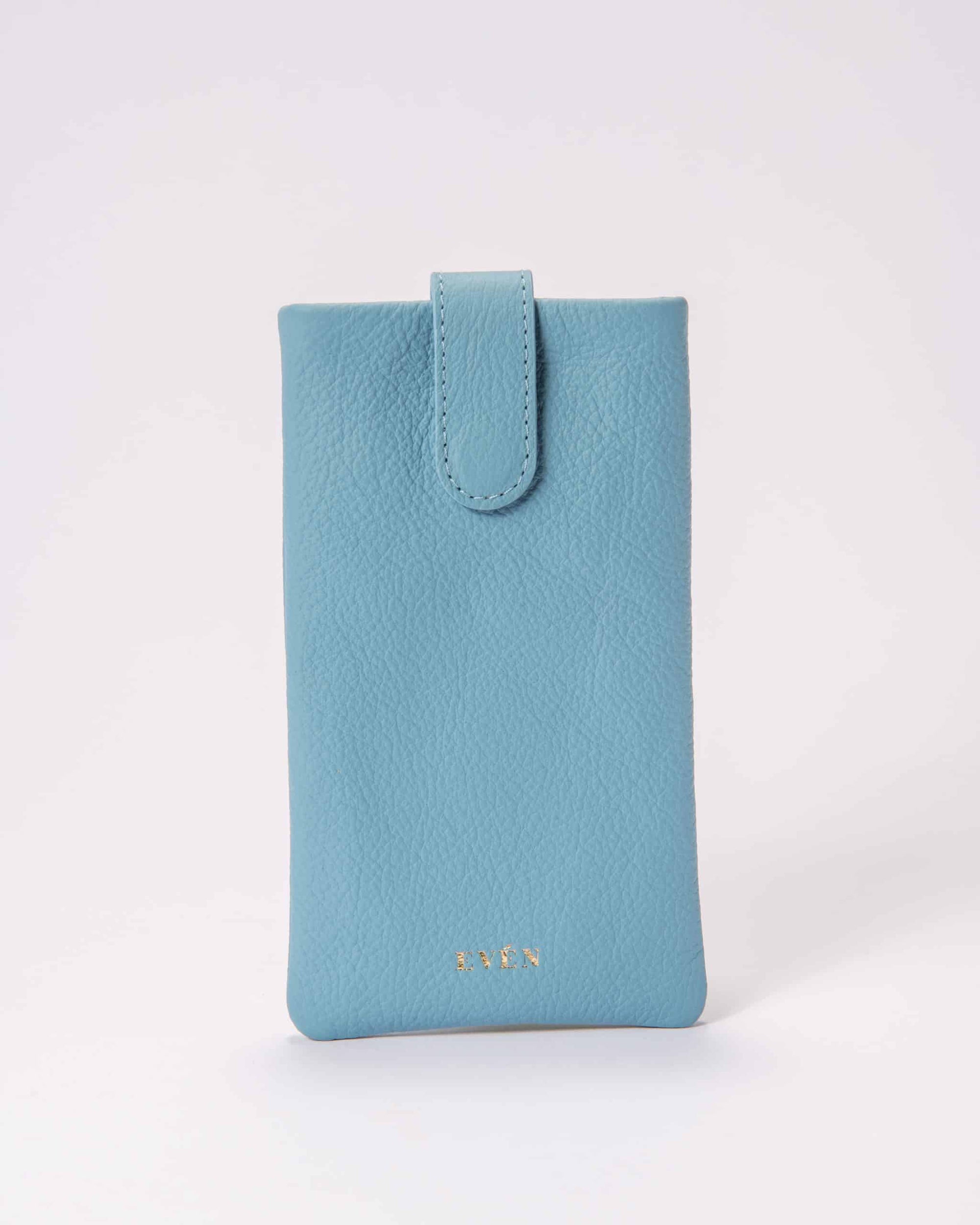 sunglasses case in light blue grain leather with magnetic closure by even online