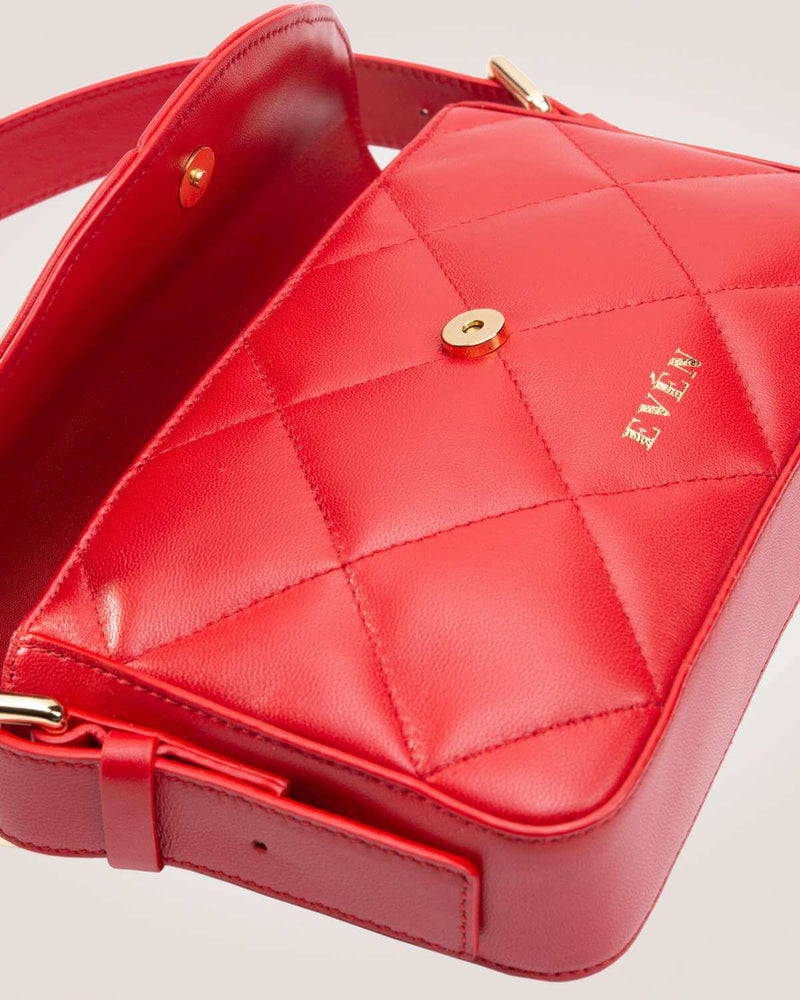 "Kate baguette mini bag red lambskin leather side view - handcrafted Bulgarian luxury handbag"