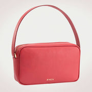 A red RHEA messenger bag with a sleek design and a single shoulder strap, displayed against a white background.