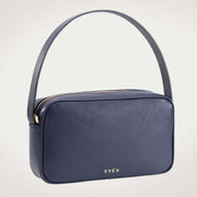 A dark blue leather messenger bag with a zipper and a brand logo 'EVEN' on the front.