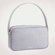 A gray RHEA messenger bag with a sleek design, featuring a main compartment with a zipper closure, carried by a handle.