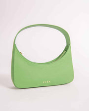 Zoe green calf leather mini bag with a curved zip closure and a brand logo visible on the bottom.