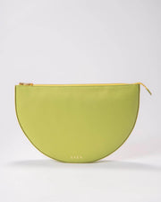 A lime green LEYZA clutch made from leather, with a zipper closure at the top.