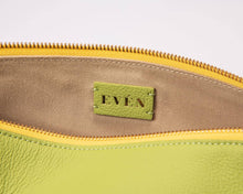 leyza green leather clutch interior with even brand logo 