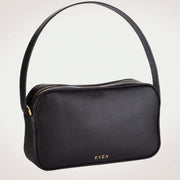 A black calf leather messenger bag with a structured shape and a brand logo visible on the bottom. Made in EU