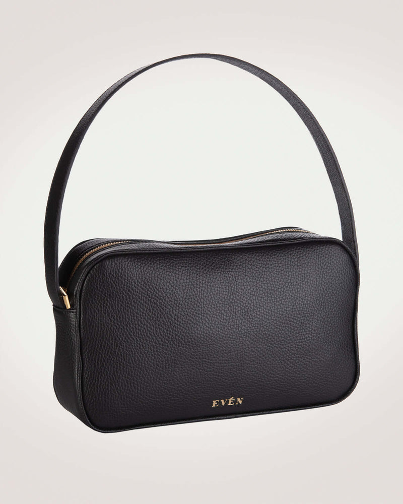 RHEA Messenger Bag in black, crafted from genuine leather by even-online, showcasing sleek minimalist design.