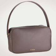 A taupe colored RHEA messenger bag with a sleek design and a brand logo visible on the front.