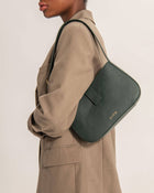 VALENTA dark green leather baguette shoulder bag with adjustable strap