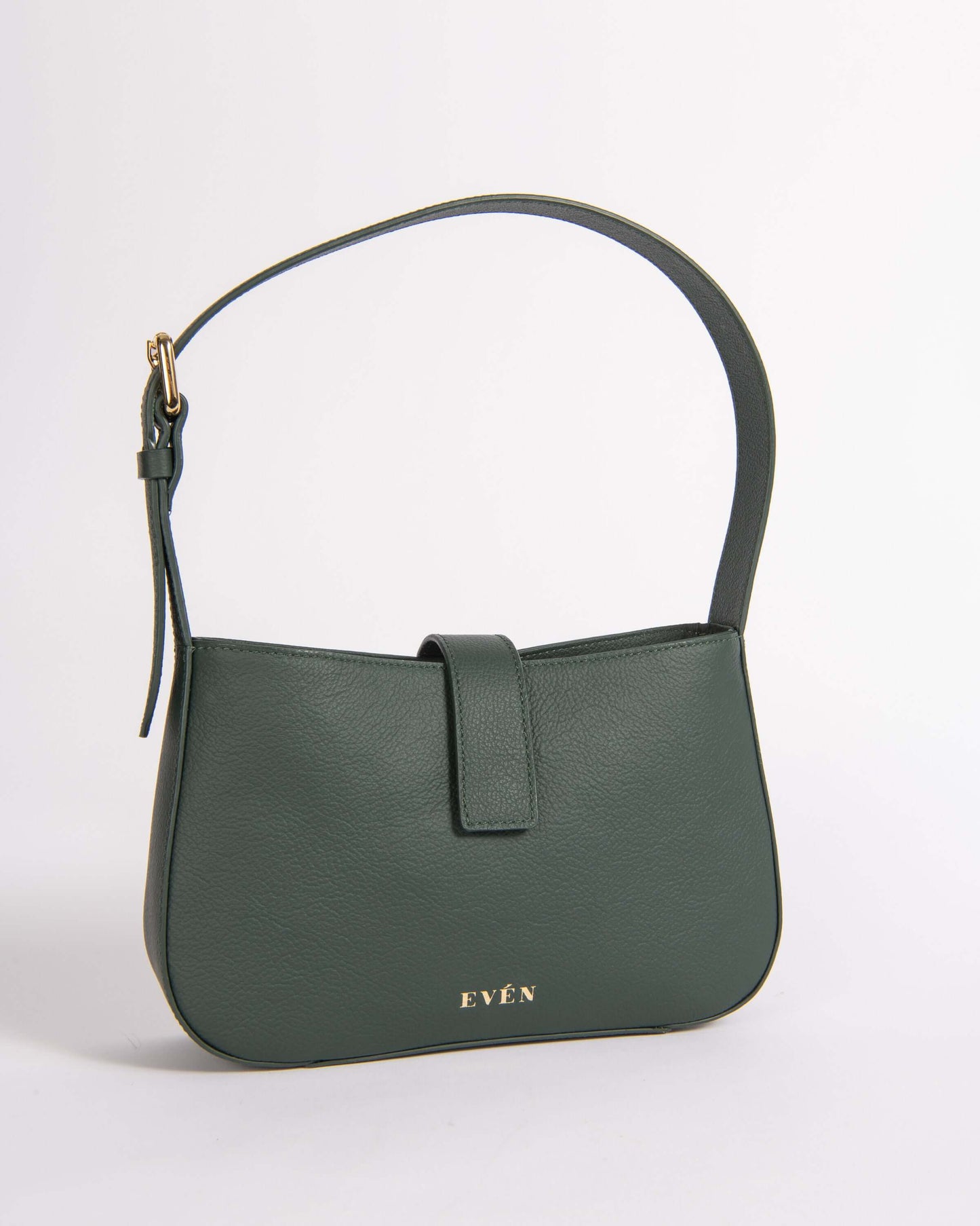 valenta mini baguette bag in dark green calfskin leather with magnetic closure and adjustable handle
