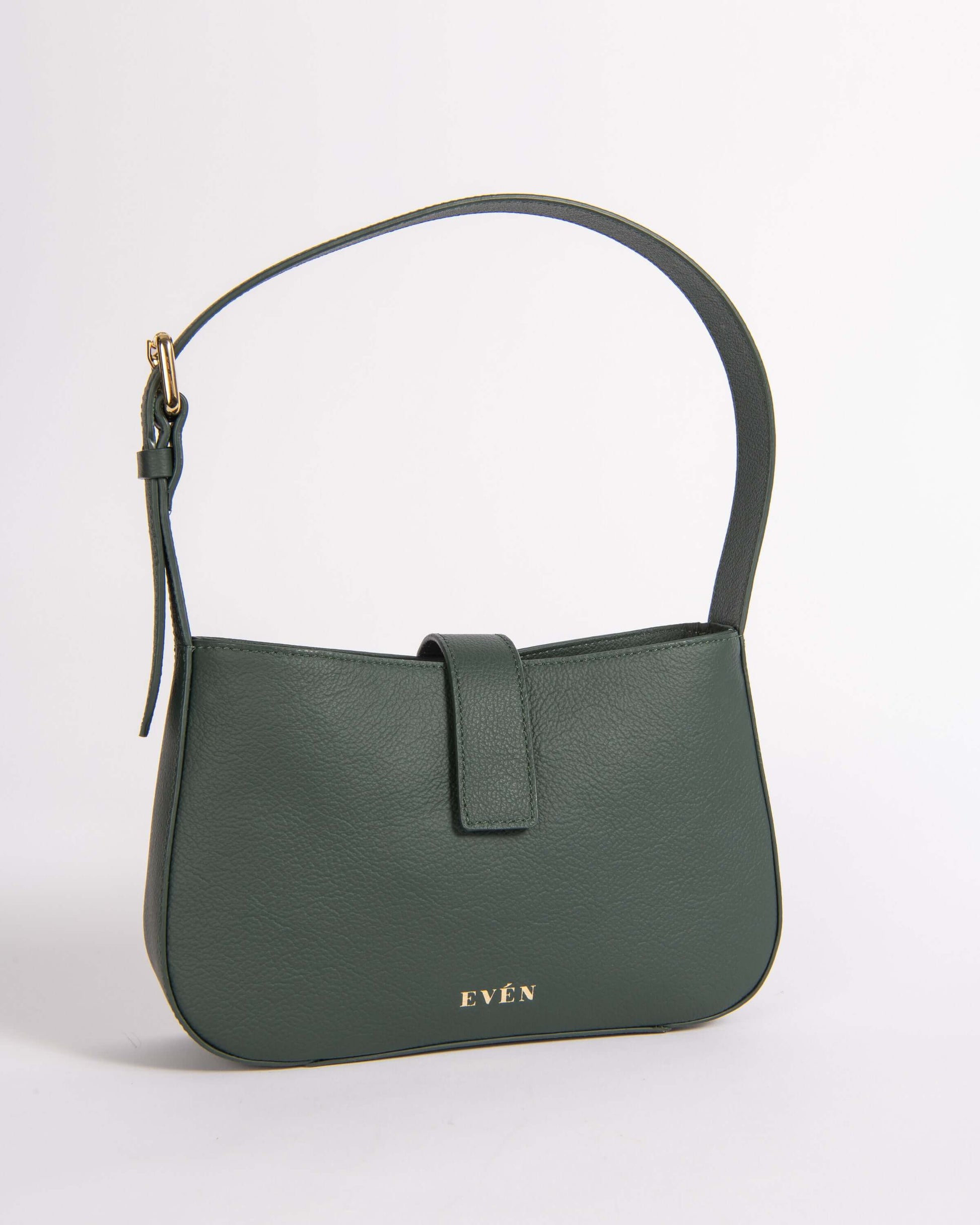 valenta mini baguette bag in dark green calfskin leather with magnetic closure and adjustable handle