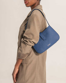 "VALENTA dark blue calfskin leather baguette bag - premium mini handbag by EVEN"
