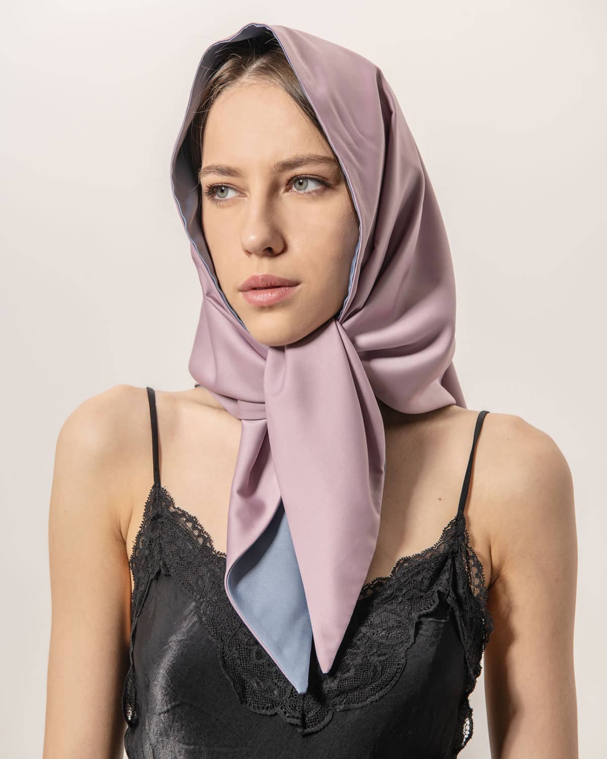 Anna Double-Sided Satin Head Scarf - Pink and Blue Sky satin scarf styled as headscarf with black lace camisole