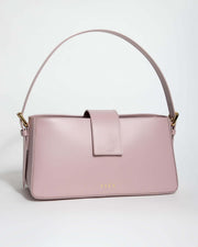 A light pink BELONA hobo bag with a magnetic clasp and an adjustable shoulder strap, made from genuine leather.