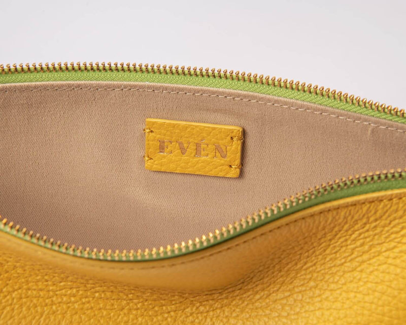  "LEYZA yellow clutch bag detail view - premium leather evening purse designer luxury handbag for special events"