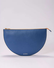 Dark blue leather LEYZA clutch with a gold-tone zipper, partially opened, showcasing its dark blue interior.